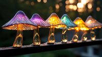 Glowing glass mushroom lamps in rainbow colors lined up on dark surface with bokeh background, creating magical fairy garden atmosphere at night.