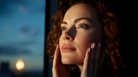 Young woman with curly red hair and glamorous makeup touching face against sunset sky and city lights background, dramatic evening portrait.