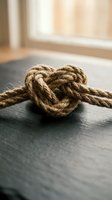 Natural jute rope tied in heart shape on dark slate surface with warm sunlight streaming through window creating romantic rustic atmosphere.