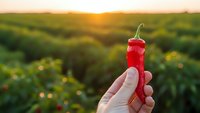 Hand holding fresh red chili pepper against blurred green agricultural landscape at golden hour sunset. Organic farming and spicy food ingredient concept.