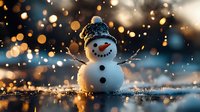 Cheerful snowman with knitted hat against magical winter bokeh background at sunset, glowing particles create festive atmosphere in fresh snow.