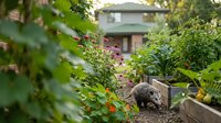 Gray tabby cat exploring lush backyard garden with raised beds, green foliage and residential home in soft focus background for outdoor lifestyle content.