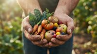 Farmer holding freshly harvested organic vegetables including carrots, potatoes and leafy greens in cupped hands outdoors in garden setting for agriculture and farming concepts.
