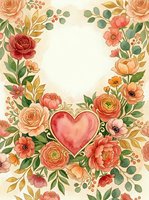 Watercolor floral wreath with a pink heart, roses, peonies, and ranunculus in warm coral tones, with copy space for greeting cards.
