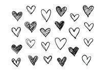Hand drawn heart doodles scattered on white background, mix of filled and outline styles. Isolated design elements for valentines cards, wedding invitations and romantic projects.