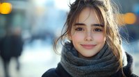 Young Asian woman smiling outdoors on winter day, wearing gray knit scarf. Natural soft lighting creates warm bokeh effect in urban background. Casual lifestyle portrait.