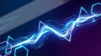 Glowing neon wave lines with geometric shapes flowing across dark background, representing data visualization, technology, and digital growth for web design and tech presentations.