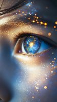 Magical close-up of eye with universe reflection and golden sparkles, showing cosmic energy and spiritual awakening concept against dark blue background.
