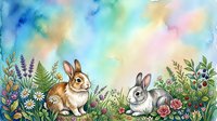 Watercolor illustration of two rabbits sitting among wildflowers and garden plants with soft pastel background, suitable for children's books, nursery decor, and spring-themed designs.