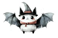 Cute cartoon bat character with witch hat and red scarf, featuring white fluffy body and gray wings on white background, ready for Halloween designs.