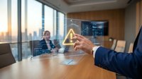 Businessman in dark suit holding glowing yellow warning triangle hologram during corporate meeting in modern office with city skyline view and wooden table.