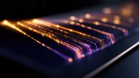 Glowing piano keys in dark purple and orange neon lights creating atmospheric musical background with selective focus and bokeh effect for entertainment concepts.