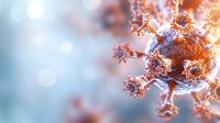 Microscopic view of coronavirus cell structure in orange and blue tones with selective focus and bokeh effect, showing detailed viral surface proteins.