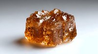 Raw brown sugar crystal macro with light reflections and shadows on white background, showing natural crystalline structure and translucent amber coloring.