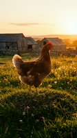 Brown hen standing in golden sunset light on farm pasture with rustic barns and stone walls in background for agricultural and rural lifestyle concepts.