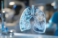 Glowing holographic visualization of human lungs showing detailed bronchial tree and pulmonary structure against blurred medical background for healthcare presentations.