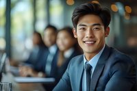 Young Asian businessman smiling confidently during corporate meeting, wearing navy suit and tie, with colleagues in background. Professional workplace setting.