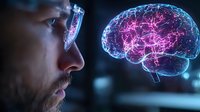 Man observing glowing digital brain hologram with neural connections in dark room, representing artificial intelligence and brain research technology.