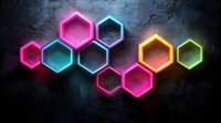 Glowing neon hexagons in vibrant colors against dark textured wall creating modern geometric pattern with pink, blue, yellow and green elements.