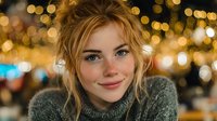 Young blonde woman with freckles smiling warmly in cozy sweater against golden bokeh lights background creating festive holiday atmosphere for lifestyle content.