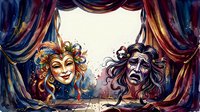 Comedy and tragedy theatrical masks with flowing hair displayed on a stage with ornate draped curtains in gold and blue tones, representing drama, performance art and classical theater symbolism.