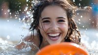 Young woman with radiant smile playing in water with orange ball, splashing droplets catching sunlight, wet hair and natural joyful expression for summer lifestyle content.
