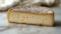 Aged artisanal cheese wheel segment with natural rind on marble surface showing creamy interior texture and crystallization patterns, food photography closeup.