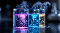 Glowing cocktails with vibrant neon colors of pink, blue and gold fizzing and bubbling in glass tumblers with rising smoke against dark background.