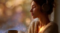 Young woman in cozy sweater enjoying hot drink and music with headphones against blurred bokeh lights background, creating peaceful winter atmosphere.