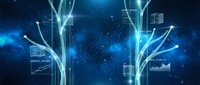 Glowing digital trees with data flow panels on a deep blue cosmic background, representing futuristic technology, network growth, and business analytics visualization.