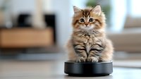 Adorable fluffy brown tabby kitten with blue eyes sitting on robotic vacuum cleaner, looking at camera with curious expression in modern home interior.