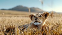 Young lion cub resting in tall golden savanna grass during sunset, looking up with curious expression against blurred mountain backdrop in African wilderness.