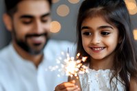 Young South Asian girl in white lace dress holding sparkler with joyful smile while celebrating special occasion with father in background against bokeh lights.