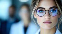 Young woman wearing round glasses with blue light reflection, natural makeup and blonde hair in soft focus. Professional office environment with blurred background.