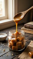 Golden caramel sauce dripping from wooden spoon into glass jar filled with soft caramel candies on rustic kitchen table with warm natural lighting.