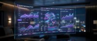 Futuristic holographic display showing quantum analytics dashboard with glowing purple data visualizations and charts in modern tech environment.