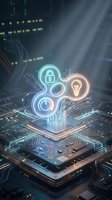 Neon glowing icons including padlock, lightbulb, and clock symbols floating above microchip and circuit board, representing cybersecurity, innovation, and digital technology solutions for business applications.