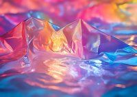 Vibrant crumpled holographic foil surface with pink and blue iridescent reflections creating abstract mountain-like shapes in macro photography.