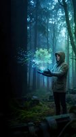 Young woman in hooded jacket holding glowing magical tree with sparkles in mystical foggy forest for environmental conservation and nature protection concepts.