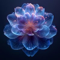 Glowing blue lotus flower with translucent petals and golden center on dark background, water droplets adding ethereal quality for spiritual or wellness designs.