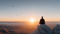 Person meditating on mountain peak at sunrise with birds flying overhead, peaceful mindfulness and spiritual wellness concept for relaxation content.