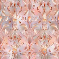 Elegant rose gold damask pattern with flowing curves and floral motifs creates seamless repeat for luxury wallpaper, fabric, and interior design backgrounds.