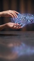 Hands holding glowing digital brain hologram representing artificial intelligence, machine learning, and neural network technology for innovation and future computing.