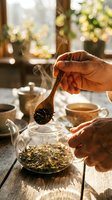 Hand adding loose leaf tea to glass teapot with steam rising in warm sunlit kitchen setting for relaxing afternoon tea ceremony.