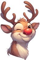Cheerful winking reindeer character with red nose and antlers on isolated background, featuring warm brown fur and friendly expression. Great for holiday designs.