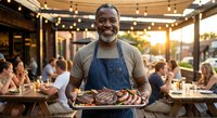 Smiling African American chef in apron holding grilled meat platter at busy outdoor restaurant patio during golden hour sunset with string lights overhead.