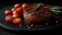 Juicy grilled beef tenderloin steak with roasted cherry tomatoes, rosemary sprig and scattered peppercorns on dark slate plate against black background.