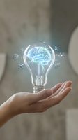 Hand holding glowing light bulb with illuminated brain and AI technology icons, representing innovation, artificial intelligence, and smart solutions for business and creative development.