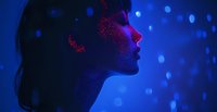 Profile silhouette of Asian woman illuminated by neon pink and blue lights against dark background with glowing bokeh effects creates moody atmosphere.