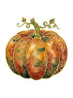 Ornamental pumpkin with intricate floral patterns in gold, red, and green tones, isolated on white background for autumn designs and seasonal projects.